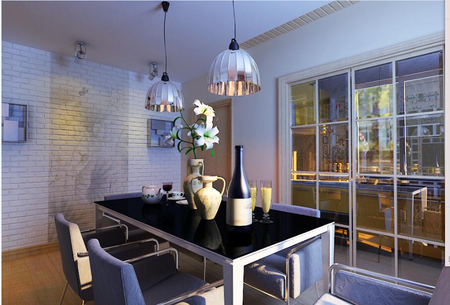合肥东兴小区大餐厅砌砖墙长线吊灯简约餐桌椅方格玻璃移门效果图